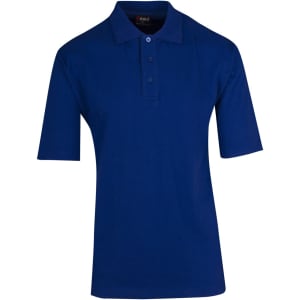 A navy blue men's polo shirt made from 100% cotton, featuring a three-button placket and short sleeves.