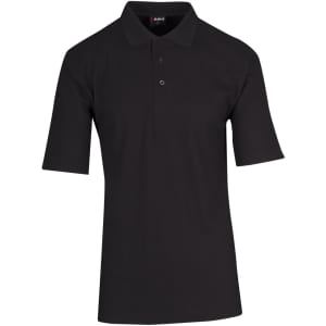 A black men's regular pique knit polo shirt with a collar and short sleeves. The shirt has a logo.