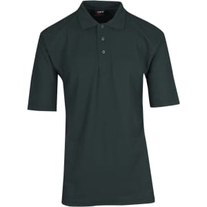 A dark green men's regular pique knit polo shirt with a classic collar and short sleeves, featuring a logo.