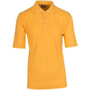 A men's regular pique knit polo in bright yellow with a collar and three buttons, featuring a logo.