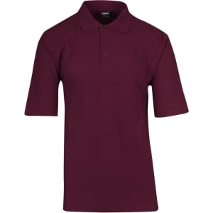 A maroon men's regular pique knit polo shirt with a collar and three-button placket. Features a logo on the chest.