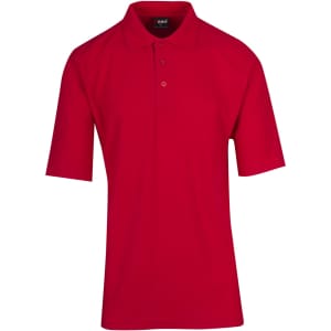 A red men's regular pique knit polo shirt with a collar and short sleeves, featuring a logo on the chest.