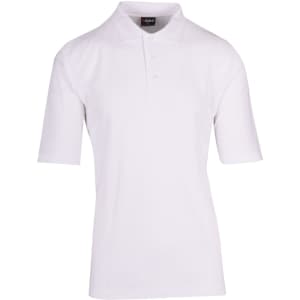 A white men's regular pique knit polo shirt with a collar and short sleeves. It features a logo on the label.