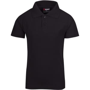 A black kid's pique polo shirt featuring a classic collar and three buttons. It includes a branding logo on the neck.