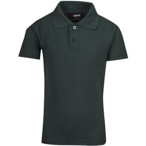 A green kid's pique polo shirt featuring a collar and two-button placket, with a small logo on the chest.