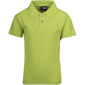 A short-sleeved kids' pique polo in bright green, featuring a three-button placket and a collar. It has a logo on the label.