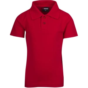 A bright red kid's pique polo shirt with a collar and three buttons, featuring a logo on the inside neckline.