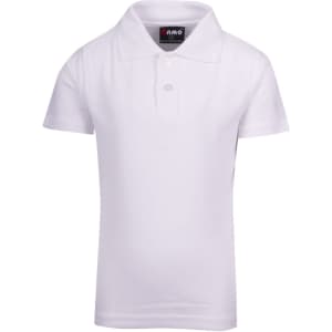 A white kids' pique polo shirt with a three-button placket and a subtle logo on the collar.