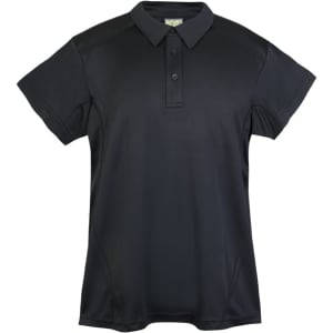 A black polyester polo shirt designed for kids, featuring a collar and buttons. It has a logo on the front.