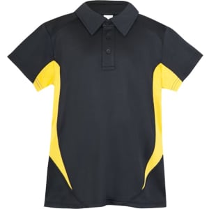 A black and yellow polyester polo shirt featuring a collar and a logo.