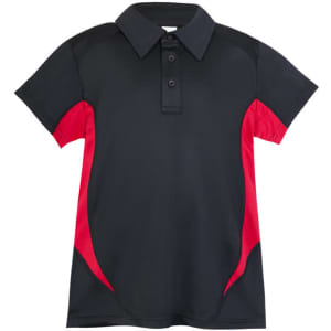 A black polyester polo shirt with red accents, featuring a collar and three buttons, and a logo on the chest.