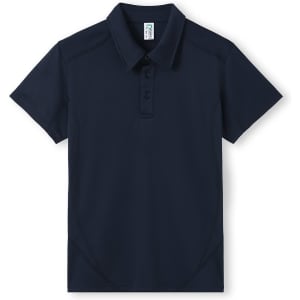 A navy blue children's polo shirt with a collar, featuring a button placket and a logo.
