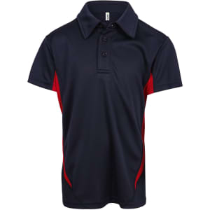 A navy blue polo shirt with red accents, featuring a collar and three buttons, complete with a logo.