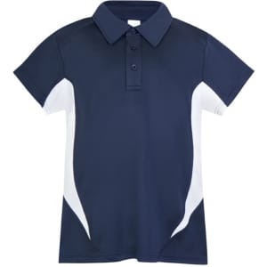 A navy blue polo shirt with white accents, featuring a collar and buttons, and a logo on the chest.