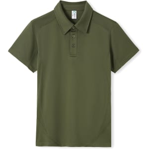 A green polyester polo shirt with a collar and button placket, featuring a logo on one side.