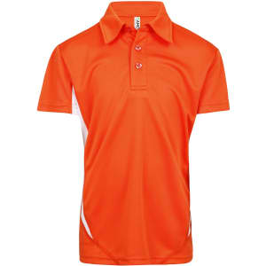 An orange polyester polo shirt featuring a collared neckline and a logo, with white accent details on the sides.