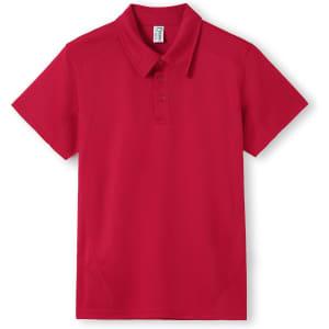 A red polyester polo shirt with a collar, featuring a logo on the chest.