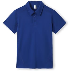 A blue polo shirt featuring short sleeves, a collar, and a buttoned placket, with a logo on the chest.