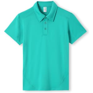 A turquoise polo shirt featuring short sleeves and a collar, with a logo on the front.