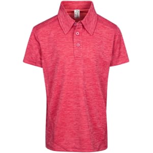 A kid's polo shirt in a vibrant red colour made from 100% polyester. It features a collared neckline and buttons.
