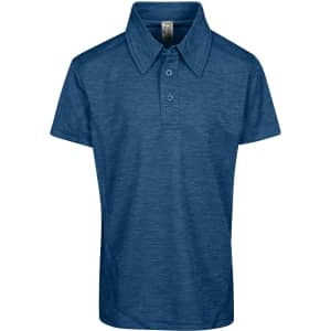 A blue Kid's Challenger polo shirt made from 100% polyester, featuring a collar and three buttons. It has a logo.