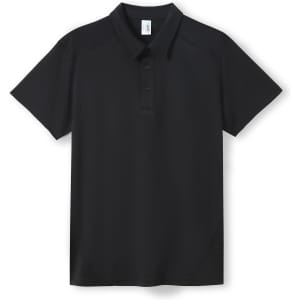 A black men's polo shirt made from polyester, featuring a collar and a logo.