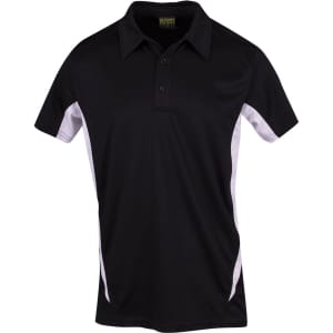 A black and white polyester polo shirt featuring a collar and a logo on the chest.