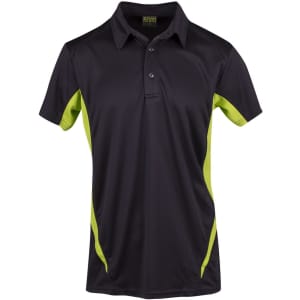 A black polyester polo shirt with green accents and a logo on the chest.