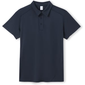 A navy polyester polo shirt with a collared neckline and a subtle logo.