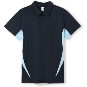 A navy blue polo shirt with light blue accents and a logo. Features a collared neckline and short sleeves.