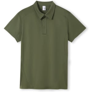 A green polyester polo shirt with a classic collar and three-button placket, featuring branding.
