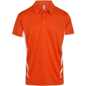 An orange polyester polo shirt featuring white side panels and a collar, with a logo on the chest.