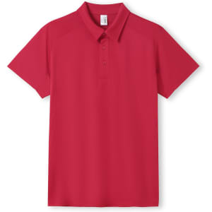 A red polyester polo shirt with a classic collar and short sleeves, featuring a logo.
