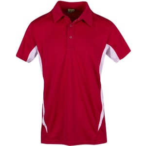 A red polyester polo shirt featuring white side panels and a collar. It has a logo on the chest.