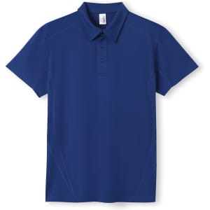 A blue polyester polo shirt with a collar, short sleeves, and a logo present.