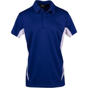 A blue and white polyester polo shirt with a collar and short sleeves, featuring a logo.