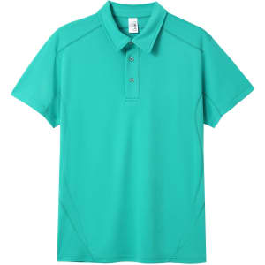 A turquoise polo shirt with a collar, three buttons, and a logo on the chest.