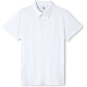 A white men's polyester polo shirt with a collar and a logo. The shirt has short sleeves and a classic fit.