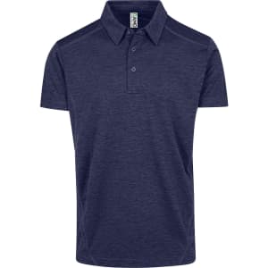 A navy blue men's/unisex polo shirt with a collar, featuring a logo and made of polyester.
