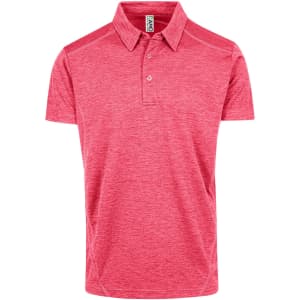 A red polyester polo shirt with a collar and a logo. It features short sleeves and a textured pattern.
