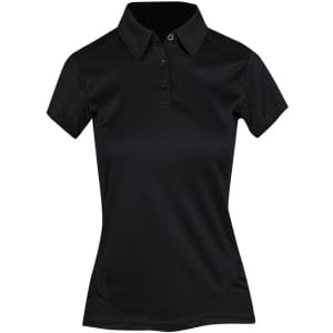 A black women's polyester polo shirt featuring a collar, buttons, and a fitted design. It includes a logo.