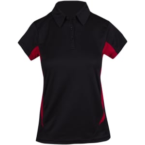 A black polyester polo shirt with red side panels and a collar, featuring buttons and a logo.