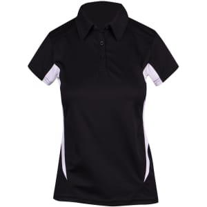 A women's polo shirt in black with white accents, featuring a collar and short sleeves, includes a logo.
