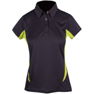 A women's polyester polo shirt in black with lime green accents and a buttoned collar. It features a logo.