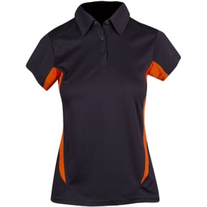 A women's polo shirt in black with orange accents, featuring a collar and short sleeves. It has a logo.