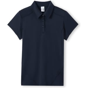 A navy women's polyester polo shirt with a collar and short sleeves. It features a logo.
