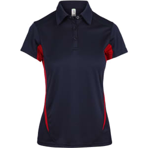 A women's polo shirt featuring a navy body with red accents and a collar, designed in a fitted style.