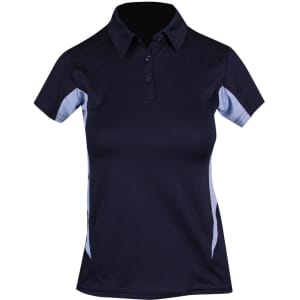 A women's polyester polo shirt in navy with light blue accents and a branded logo.
