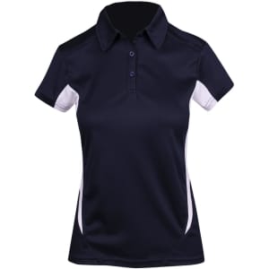 A navy blue women's polyester polo shirt featuring white accents and a collar, with a logo on the chest.