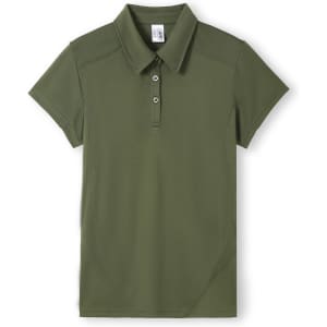 A green women's polo shirt with short sleeves, a collar, and a branded label.